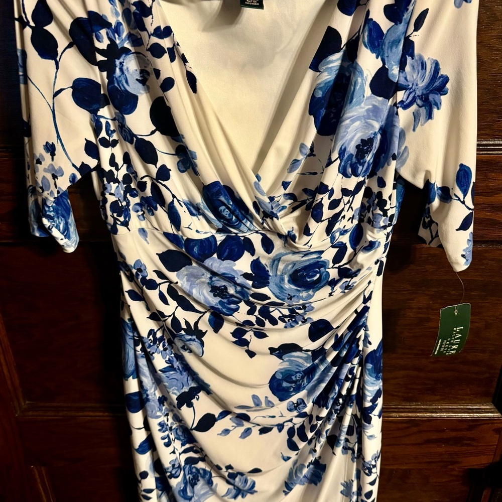 Lauren Ralph Lauren Blue and White Ruched Midi Dress, NWT, Size 8P - Picture 6 of 10